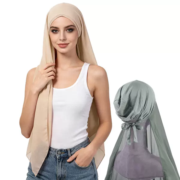 【One-Piece】New Chiffon Headscarf with Pleated Tie and Small Hat Set, Single-Color Pearl Chiffon Headscarf Base Hat Set