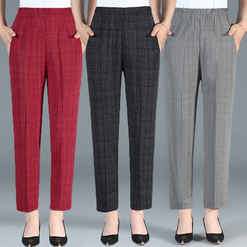 Summer New Style Women's Pants for Middle-Aged and Elderly Women, High-Waisted Casual Pants, Plus-Size Elastic Cropped Pants, Thin Pants for Grandma