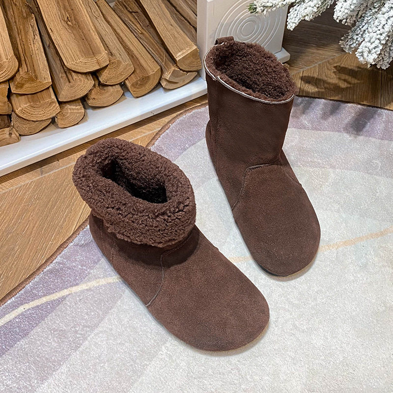 Bốt ngắn nữ da bò lót lông cừu, cổ có thể lật, gót 4 cm — Màu caramel, Màu mơ, Màu nâu đậm