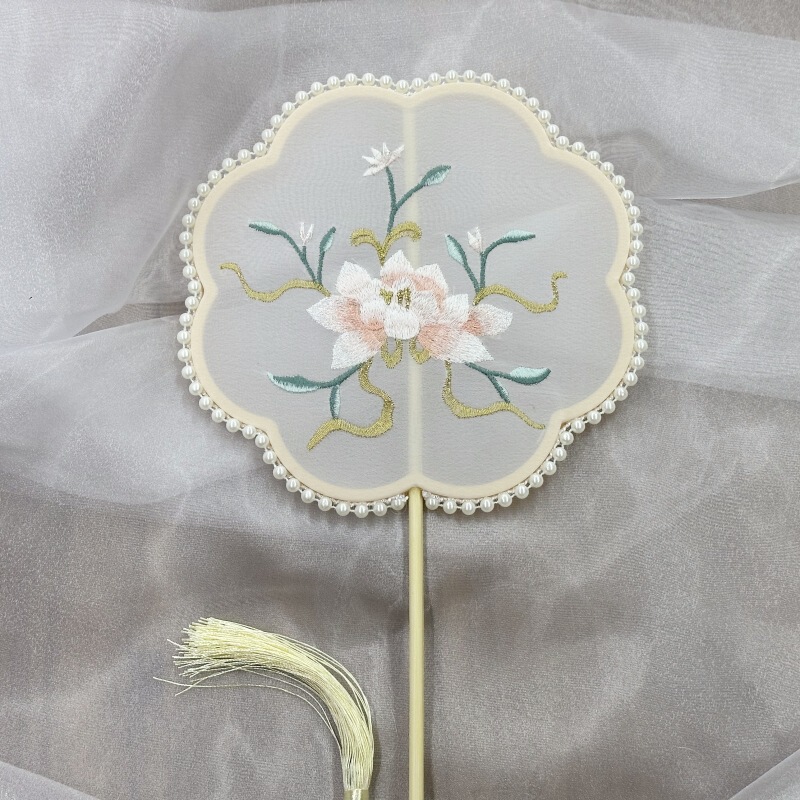 真珠手作り扇子、刺繍扇子、古風丸型扇子、民族風刺繍扇子、古典舞踊扇子|undefined