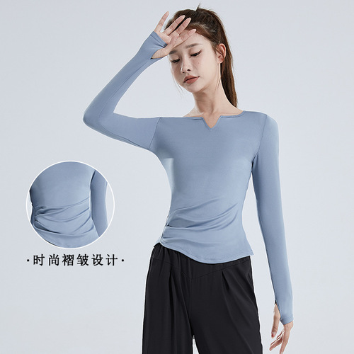 V-neck long-sleeved T-shirt quick-drying nude seamless yoga wear pleated waist slimming tight sports fitness top for women
