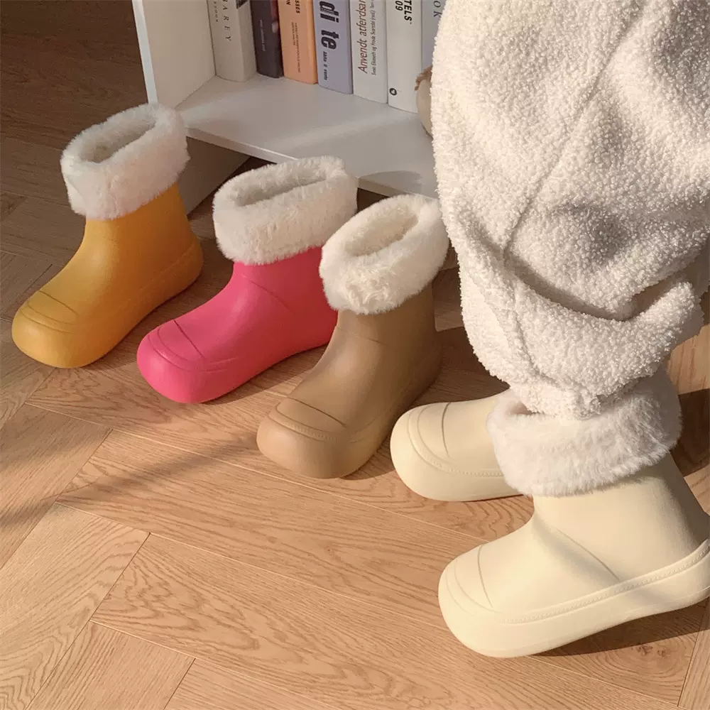 EVA防水雪地靴女冬季加绒保暖毛绒领口水筒靴ins户外创意丑萌棉鞋