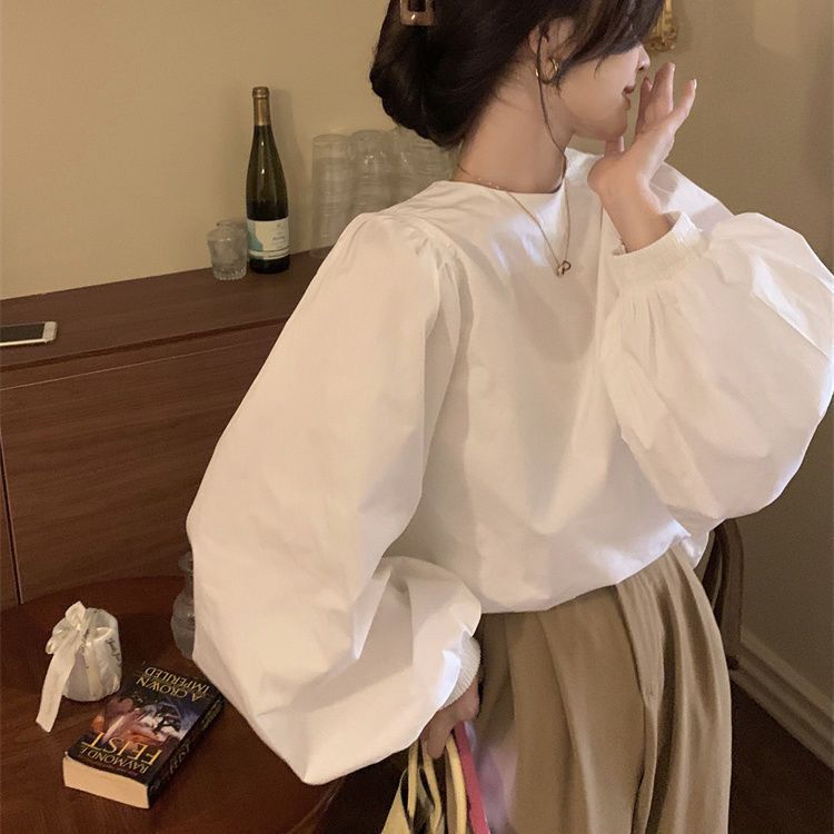2025法式灯笼袖衬衫女秋设计感宽松减龄百搭圆领衬衣泡泡长袖上衣|undefined