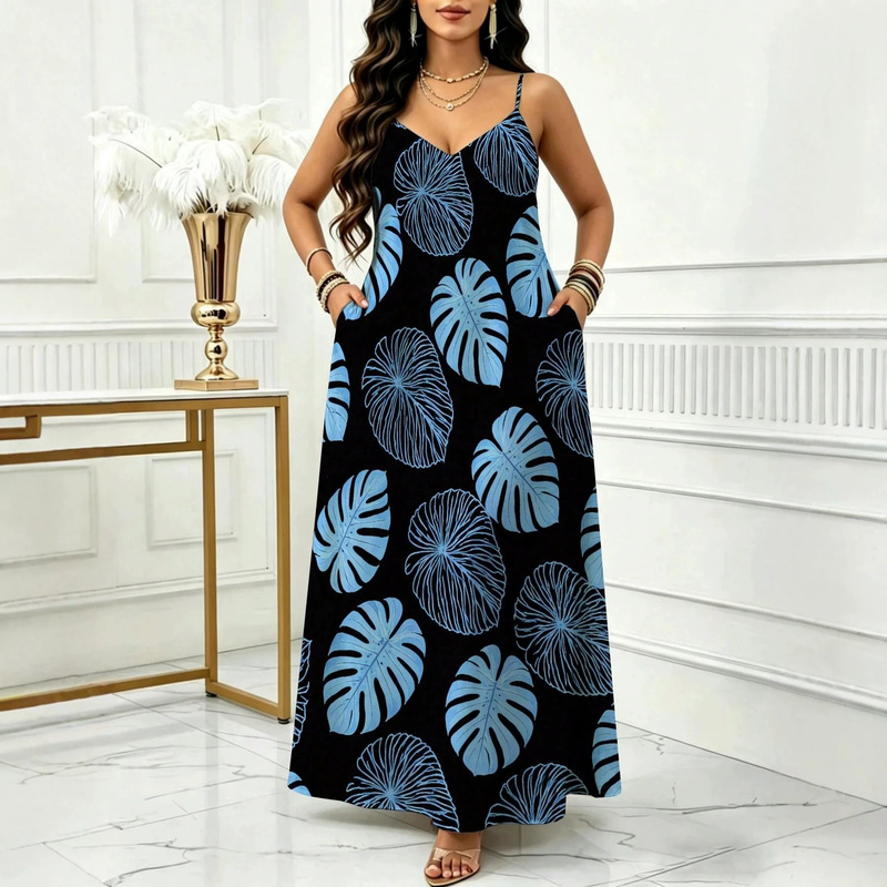 Bohemian tropical leaf print sleeveless camisole dress, plus size, casual ankle-length women's clothing Bohemian tropical leaf print sleeveless camisole dress, plus size, casual ankle-length women's clothing