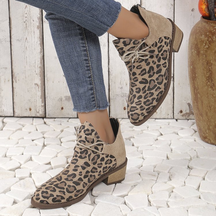 Large size leopard print low heel pointed short boots female fall and winter new one foot stirrups_voghion.com