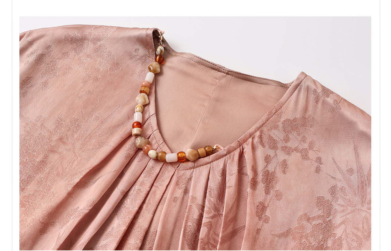 Váy maxi nữ phối hoa phong cách quốc gia cao cấp, chất rayon sang trọng, tay ngắn, thắt eo — Màu trắng, Màu mơ cà phê chi tiết 6