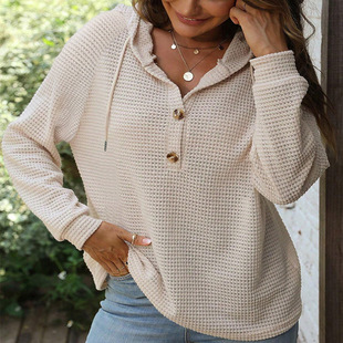 2025 European and American Cross-Border Autumn and Winter New Pure Color Hooded Button Loose Long-Sleeved Sweatshirt for Women