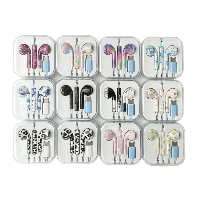 Suitable for Apple 17 Printed and Painted Headphones with Colorful Patterned Designs, Wired Control, Heavy Bass, Type-C Headphones