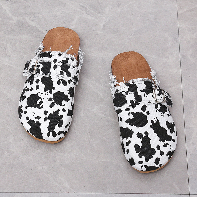 Pantuflas de lona con estampado de vaca y hebilla NSYBJ121712