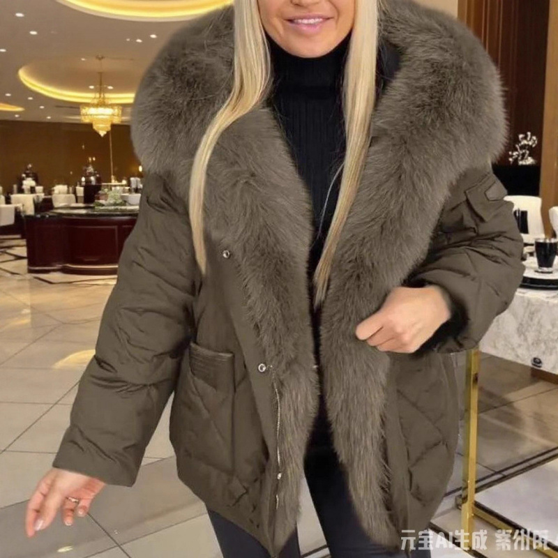 欧美亚马逊秋冬新款跨境欧美时尚外贸女装气质优雅连帽中长款棉服|undefined