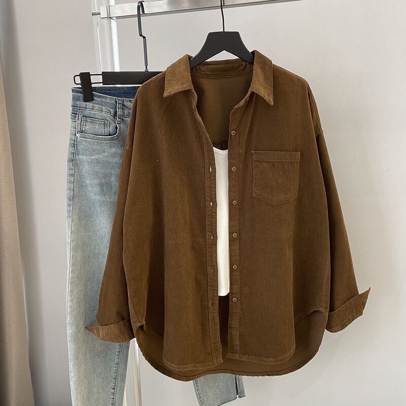 Lightly mature Hong Kong-style retro spring and autumn corduroy brushed fabric niche new French-style 2025 women's shirt design