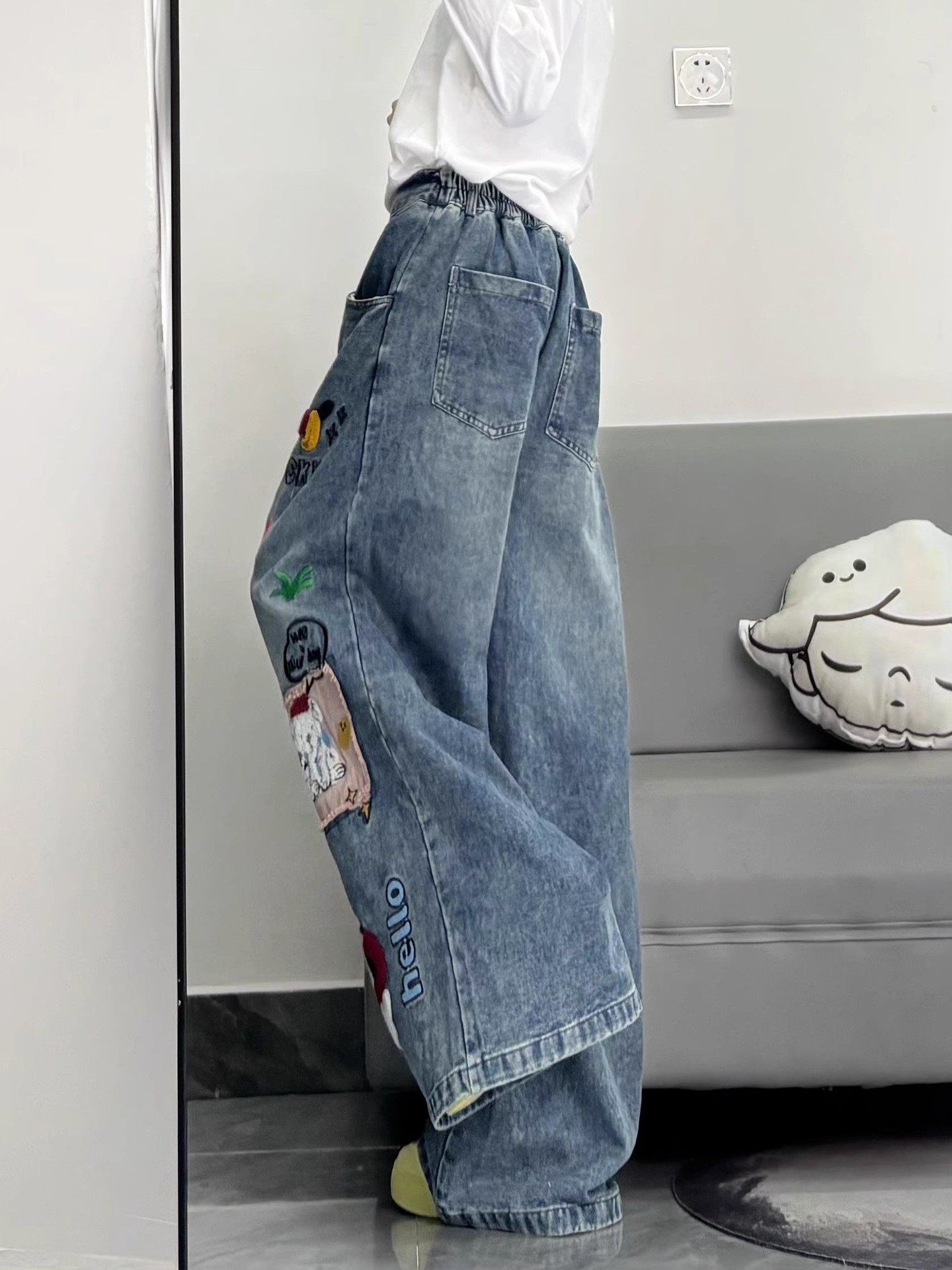 Wide leg jeans med cartoon patchwork dam hög midja denim byxor_voghion.com