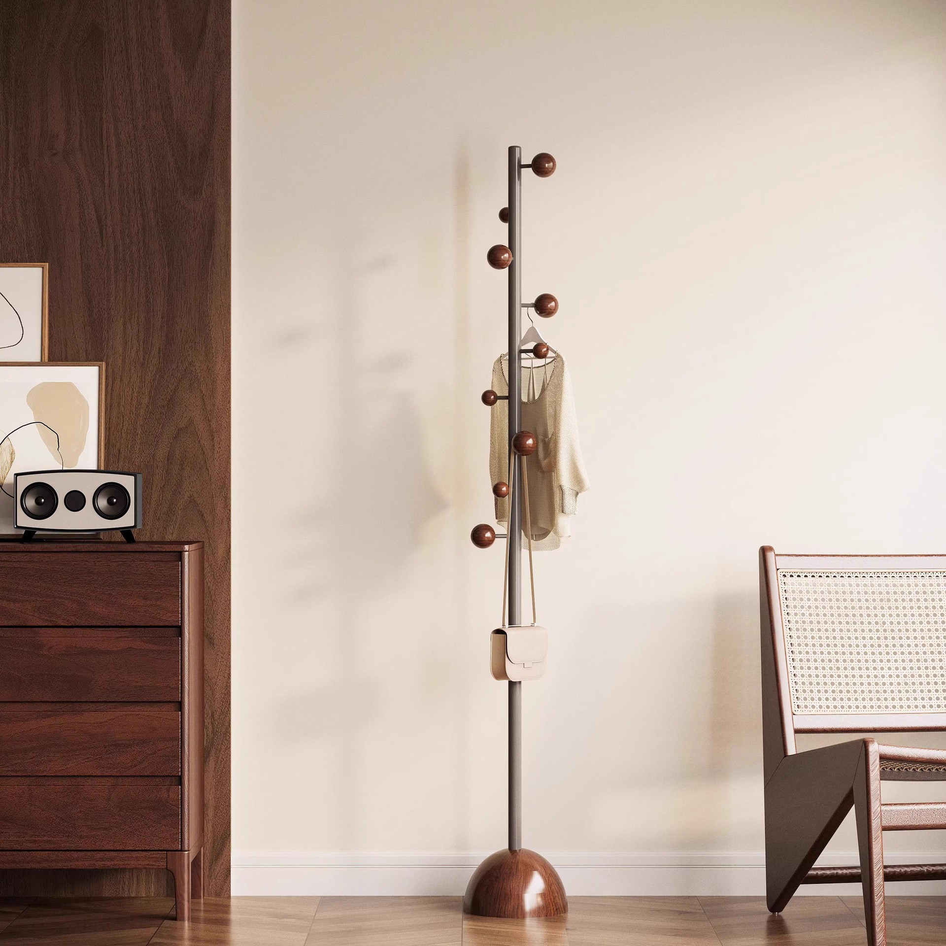 French-Style Vintage Bedroom Floor-Standing Clothes Rack, Home Corner Entryway Coat Rack, Clothes Rack, Storage Rack, Black Retro Style