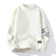 秋冬新款针织圆领毛衣仿貂保暖男女休闲修身毛衣情侣外套黑色