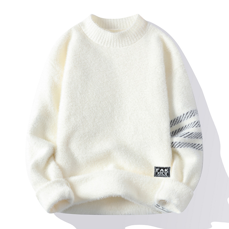 秋冬新款针织圆领毛衣仿貂保暖男女休闲修身毛衣情侣外套黑色