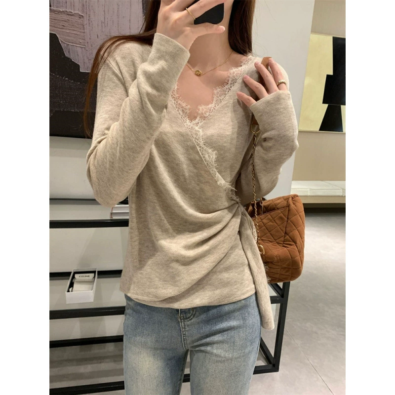 NUNBAI Demi-season lace small design knitted long-sleeve, Korean style, trend of season