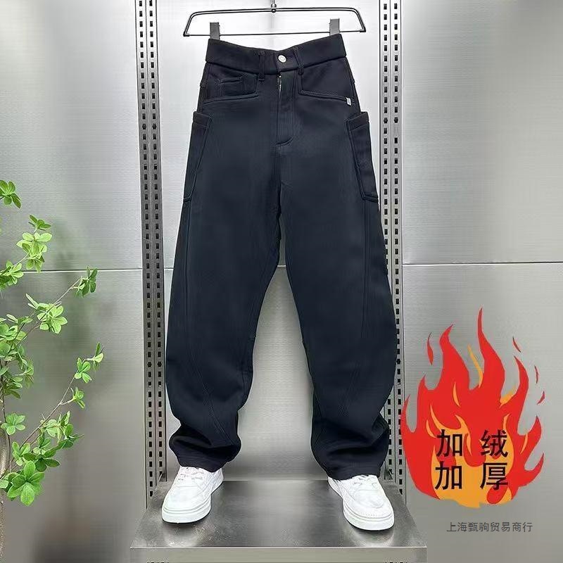 Casual Scimitar Pants for Young Men, Stylish Autumn and Winter New Fleece-Lined Thick Loose Straight-Leg Pants, American-Style Sports Sweatpants