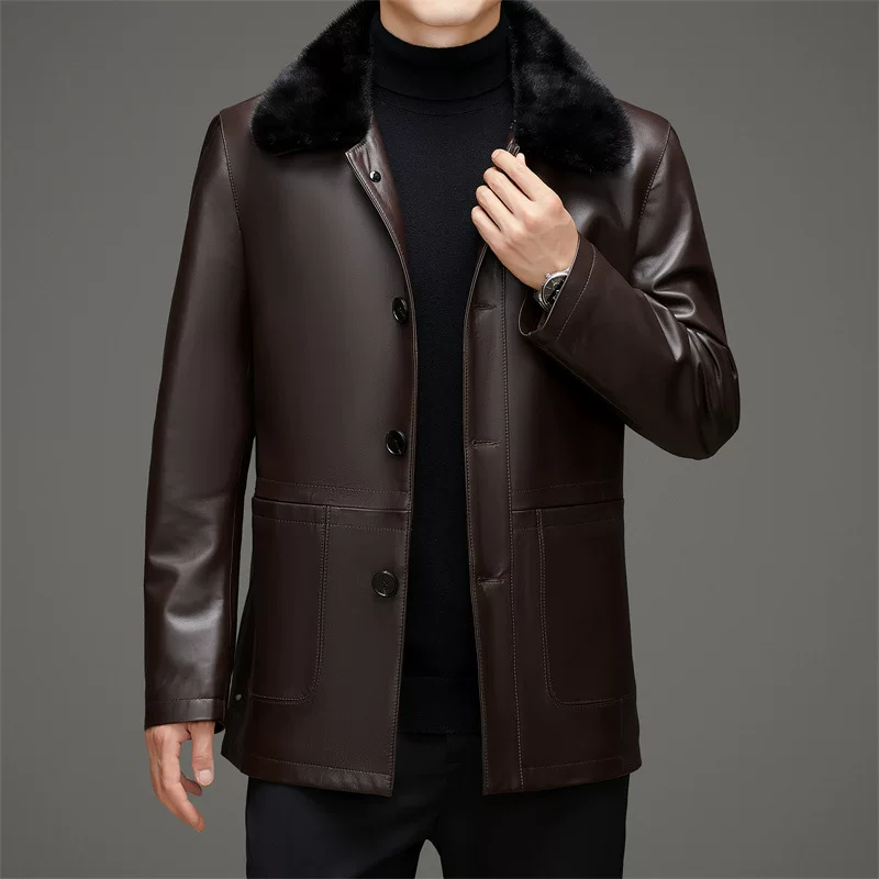 Demi-season liner with down, down jacket, genuine leather