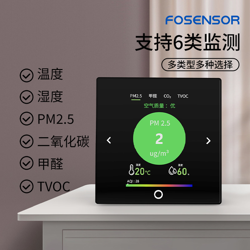 86 タイプ空気質検出器 PM2.5 ホルムアルデヒド CO2 6-in-1 ガスセンサー RS485/WIFI 出力|undefined