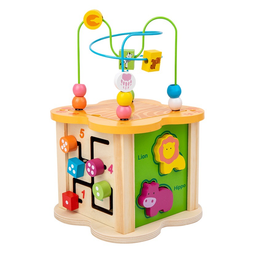 Caja de tesoro de juego de cuentas de cuatro lados multifuncional de madera para niños juguetes educativos de educación temprana a juego con forma infantil