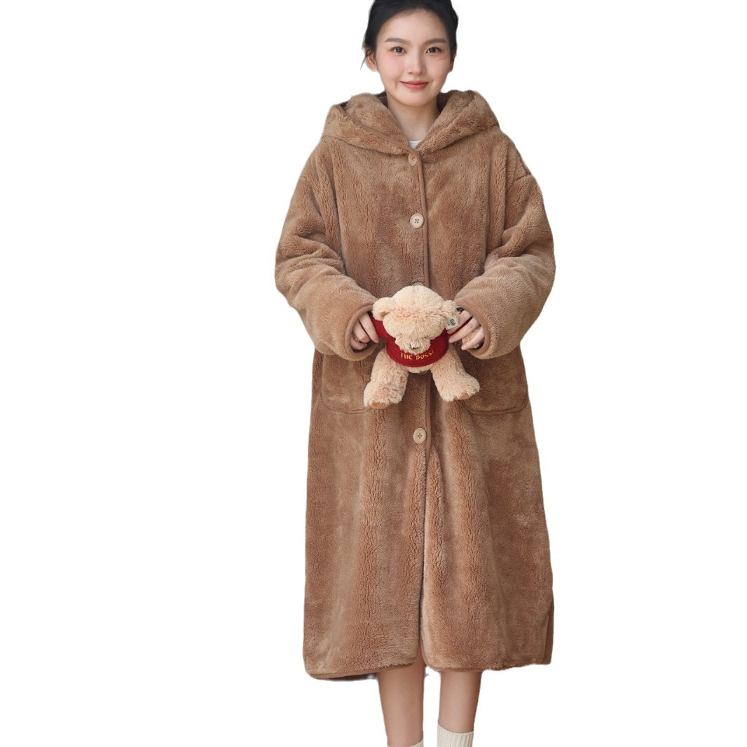 가을 겨울 두꺼운 산호 벨벳 잠옷, 큰 주머니, 후드 가디건 가운, 중간 길이의 잠옷, 가정복, 야외에서 착용 가능