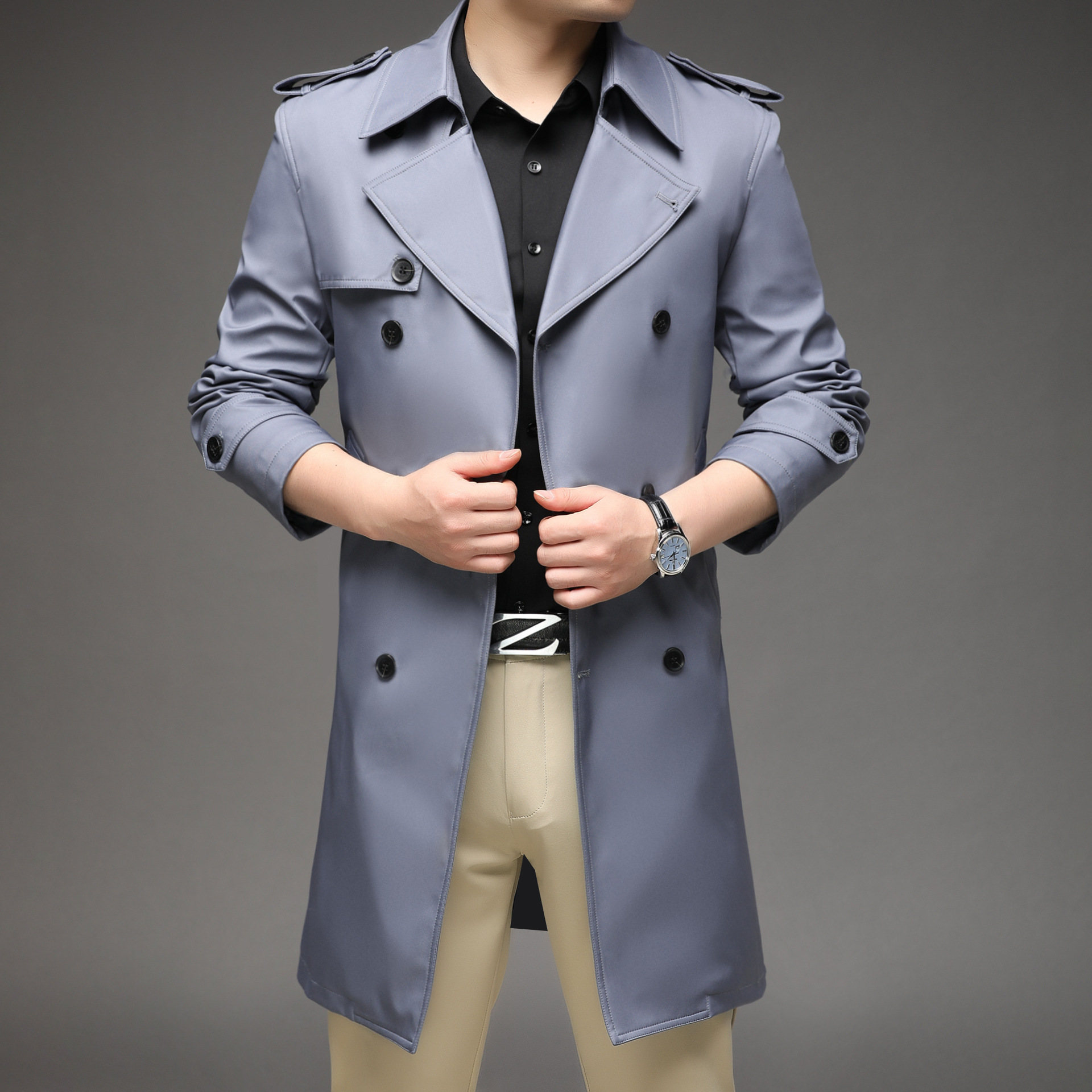 Primavera y otoño de negocios de doble botón abrigo de hombre nuevo estilo coreano suelto moda casual hombre británico chaqueta media larga image 11
