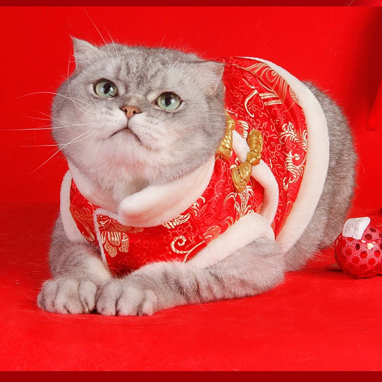 Кошка Одежда Новый Год Платье Пальто Собаки Китайский Стиль Костюм Тан Ретро Красный Праздничное Платье С Новым Годом Платье