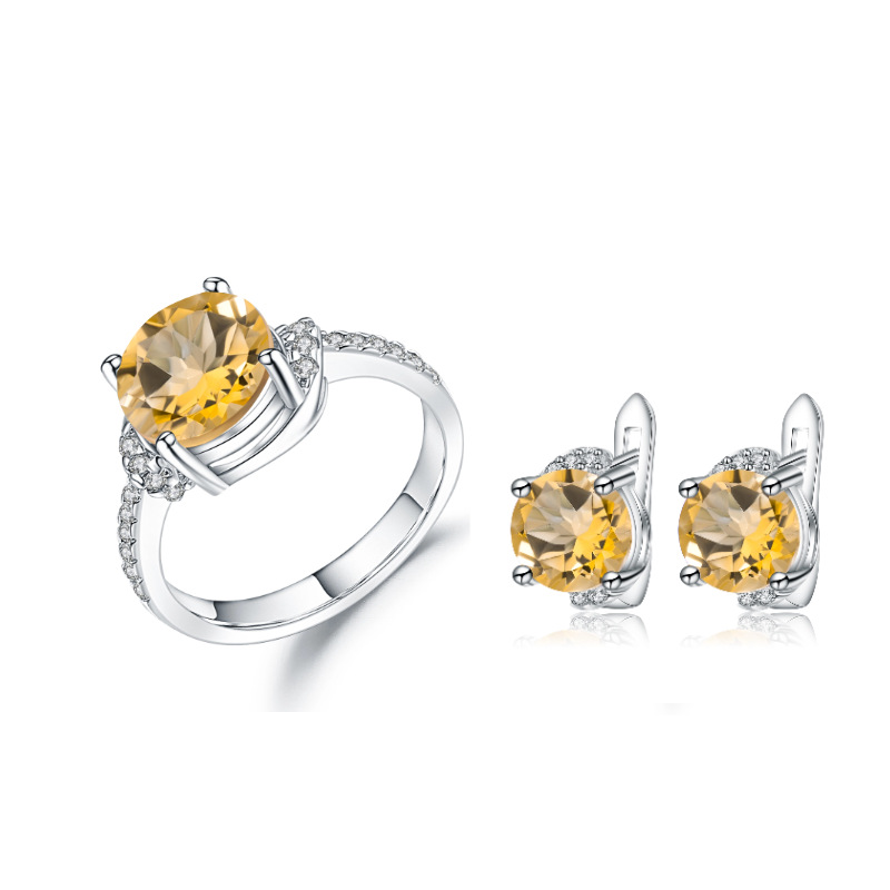 Easiest for Match Round Crystal Jewelry S925 Sterling Silver Gemstone Ring Earrings Natural Citrine Jewelry Set