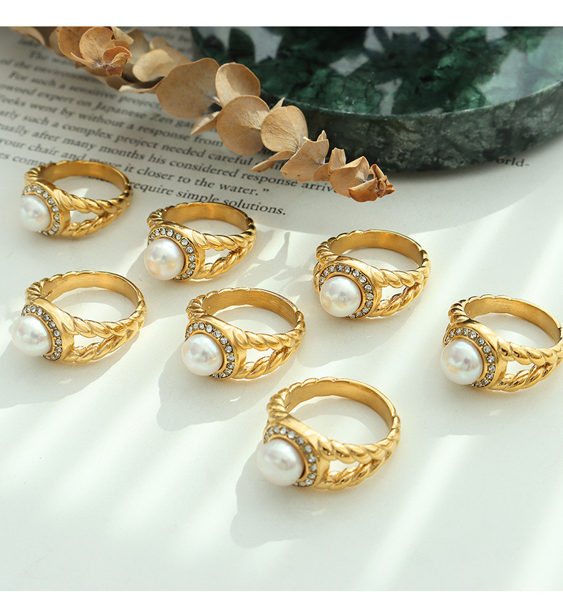 Retro Geometric Titanium Steel Rings Inlay Artificial Pearls Zircon Stainless Steel Rings