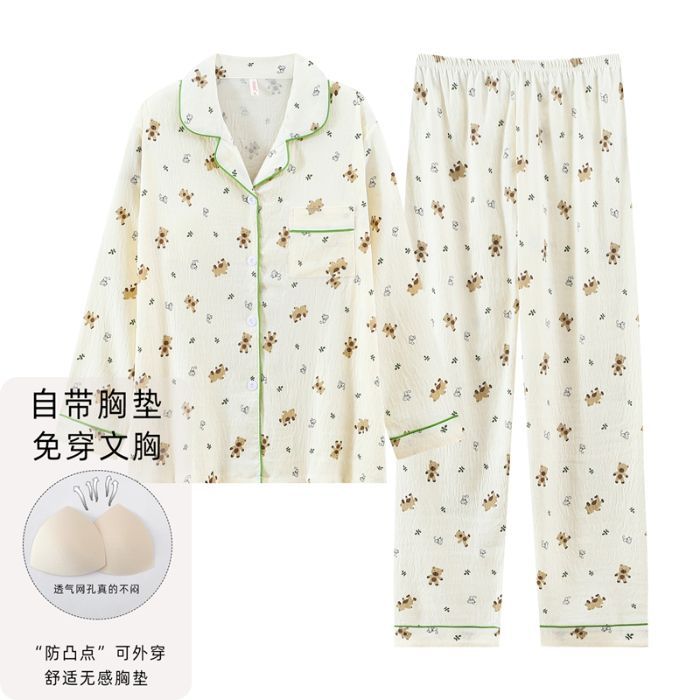 Nube de algodón pijama de primavera y otoño dulce dibujos animados con cojín de pecho cardigan de manga larga pantalones largos dos piezas de ropa de hogar