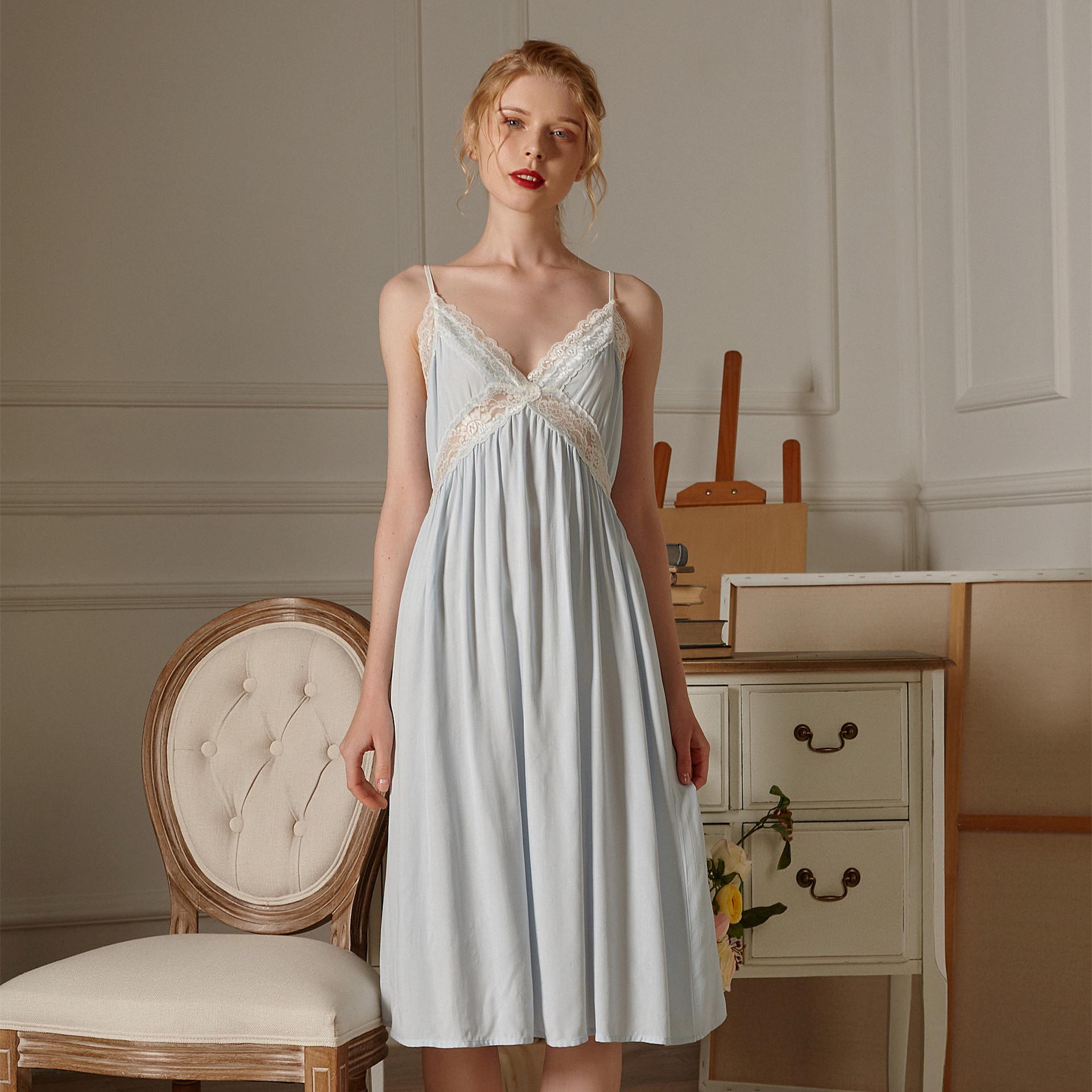 2021夏季新品V領性感迷人蕾絲镂空人棉吊帶睡裙睡衣家居服可外穿