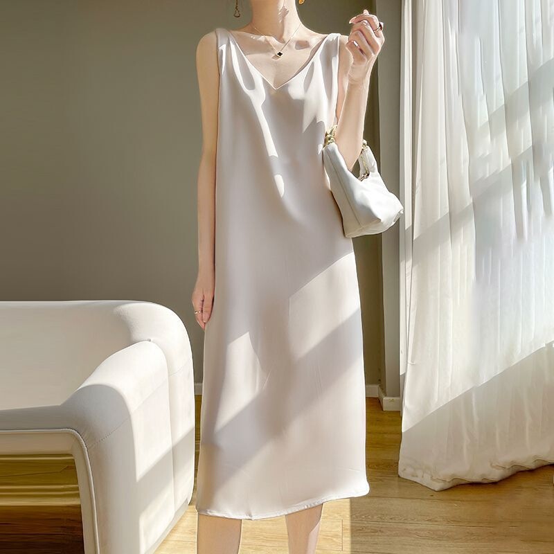 Elegant Acetate Sleeveless Long Dress with Straps, Satin Summer Solid Color New Mid-Length Strap Dress Elegant Acetate Sleeveless Long Dress with Straps, Satin Summer Solid Color New Mid-Length Strap Dress