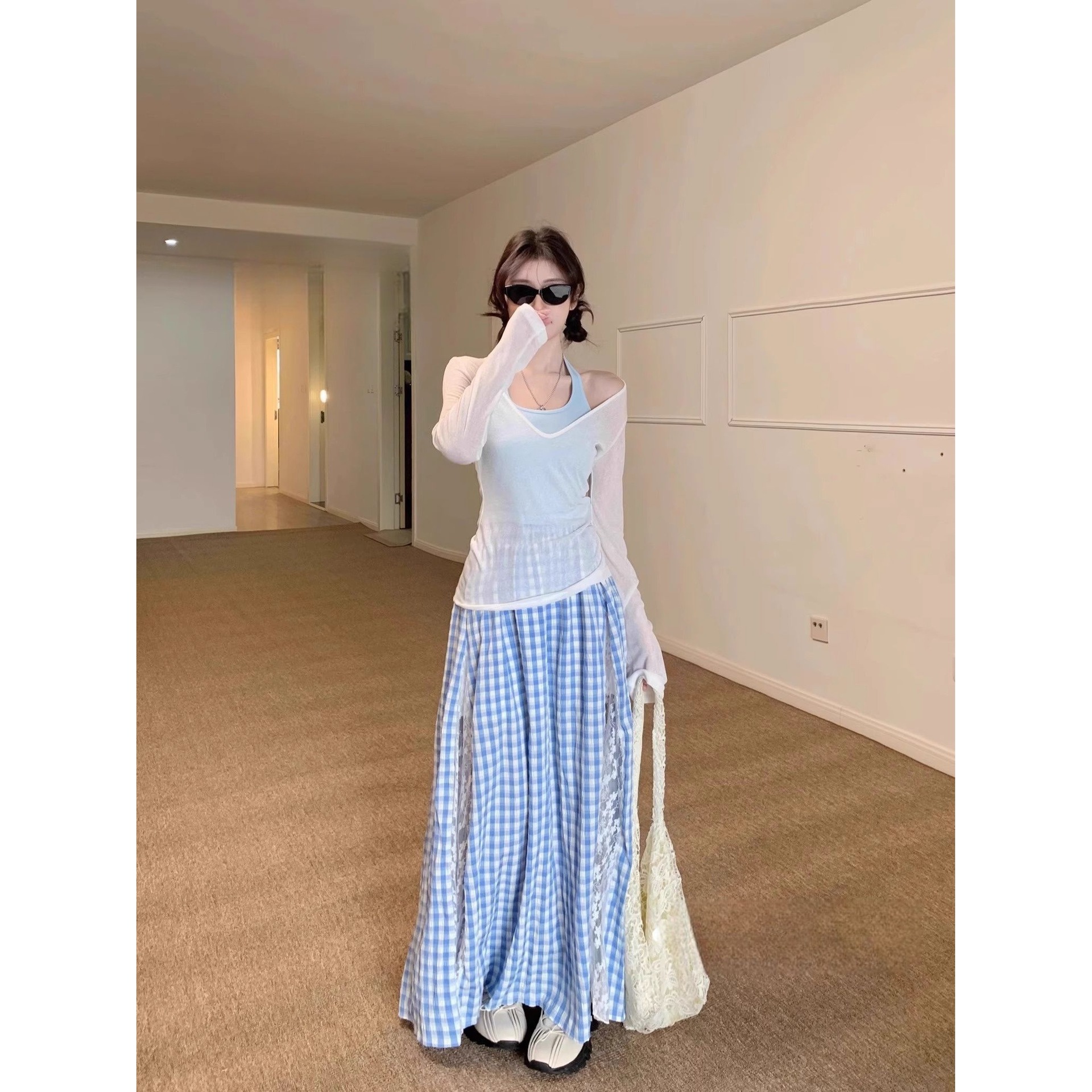 Irregular Lace Splicing Blue Plaid Skirt High Waist Plus Size Fat mm Slimming Look Super Fairy Long Skirt A-Line Skirt