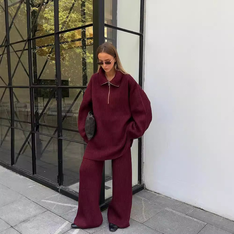 Trendy Sporty Style Outfit, Lazy Drape Woolen Suit, Two-Piece Set, Half-Zip Top, Straight-Leg Long Pants, Spring Season