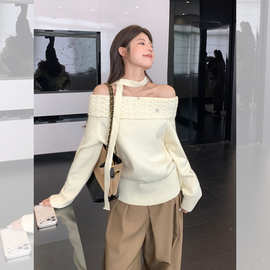 温柔风一字肩露肩软糯毛衣女2026早秋小个子甜美麻花针织衫上衣