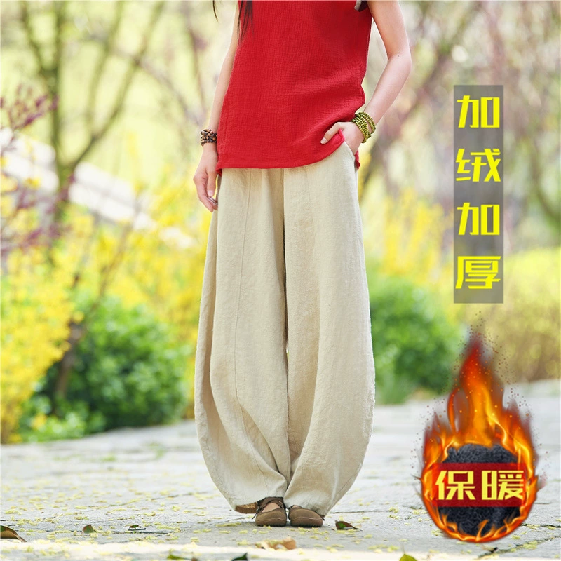 Зимние утепленные брюки из рами с флисовой подкладкой, повседневные, из хлопка и льна, женские, в стиле Zen, ретро, стройнящие, женские брюки-шаровары, хлопковые брюки
