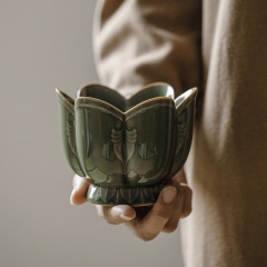 束刻 耀州窯梅子青瓷蓮座茶洗杯洗建水茶道配件手工雕刻蓮花水盂