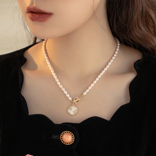 Freshwater pearl necklace women's copper micro-set shell starry sky design OT buckle collarbone chain rice grain pearl pendant neck chain