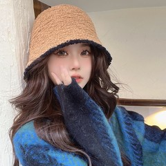 秋季拼色水桶帽毛绒针织渔夫帽子ins网红百搭显脸小日系遮脸盆帽