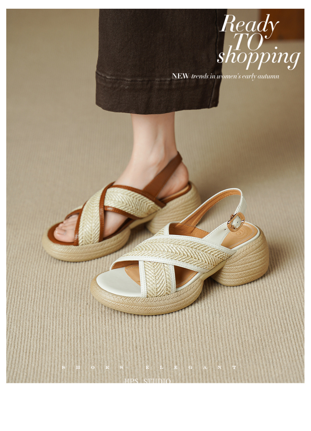 Sandal nữ cao gót mũi hở quai chéo khóa một chữ, đế dày gót thô — Màu nâu nhạt chi tiết 2