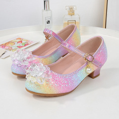 Children's High Heels Spring and Autumn New Girl Crystal Leather Shoes Children's Princess Shoes Middle and Large Children's Walking Show Soft Sole Children's Shoes