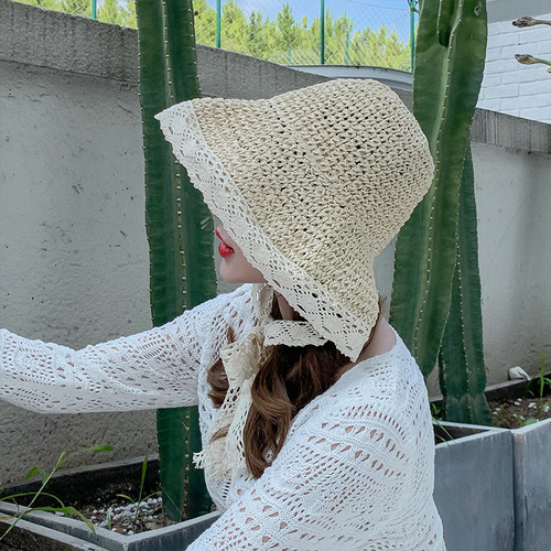 Influencer grass hat women summer lace tie beach hat fresh and simple seaside travel vacation sun protection sunshade hat strap