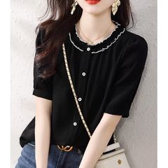大きいサイズの婦人服の半袖の丸首のシャツの夏の新型の洋気の太っているMMは年齢を減らして明らかにやせて腹のシフォンのシャツの上着を覆います。