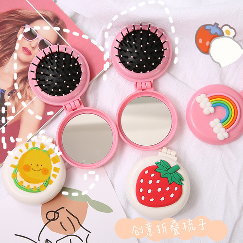 Creative girly heart folding air bag comb girls portable all-in-one massage comb makeup beauty mirror comb