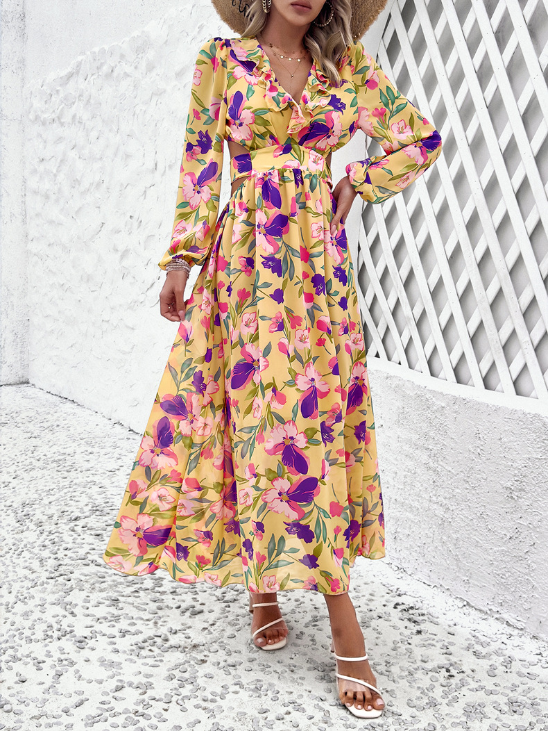 Women's Regular Dress Vacation V Neck Printing Long Sleeve Flower Maxi Long Dress Daily Beach display picture 10