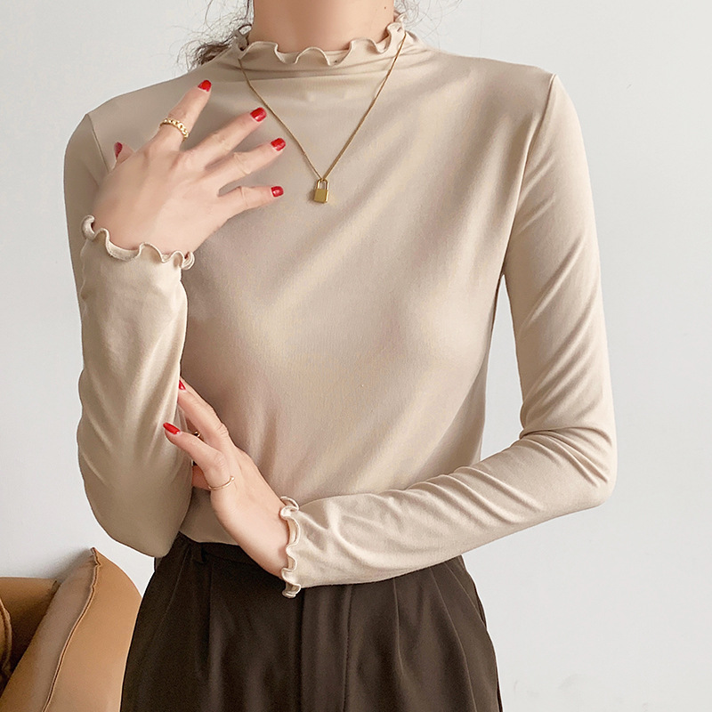 베이스 탑 하이 칼라 여성의 가을과 겨울 새로운 유행 섹시 타이트 올 매치 슬리밍 긴 소매 티셔츠-귀 가장자리