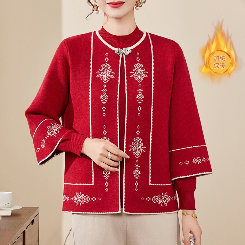 妈妈洋气针织两件套装中年女装秋冬装毛衣中老年时尚加绒加厚上衣|undefined