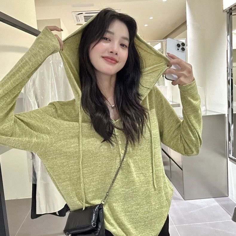 Gray Hooded Long-Sleeved Loose T-Shirt for Women, Autumn 2026 New Style, Versatile, Lazy Style, Casual Sun Protection Cover-Up Top