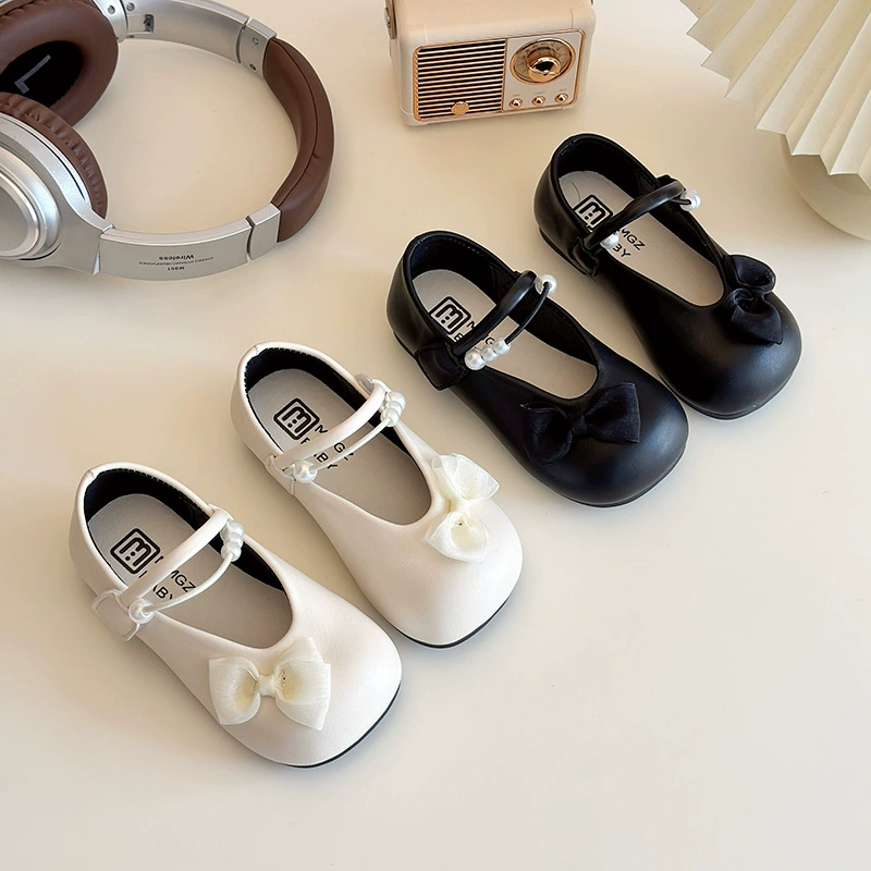 Корейская детская кожаная обувь 2025 весна и осень новая девушка одиночная обувь бант девушка обувь принцессы светло-рот детская обувь оптом