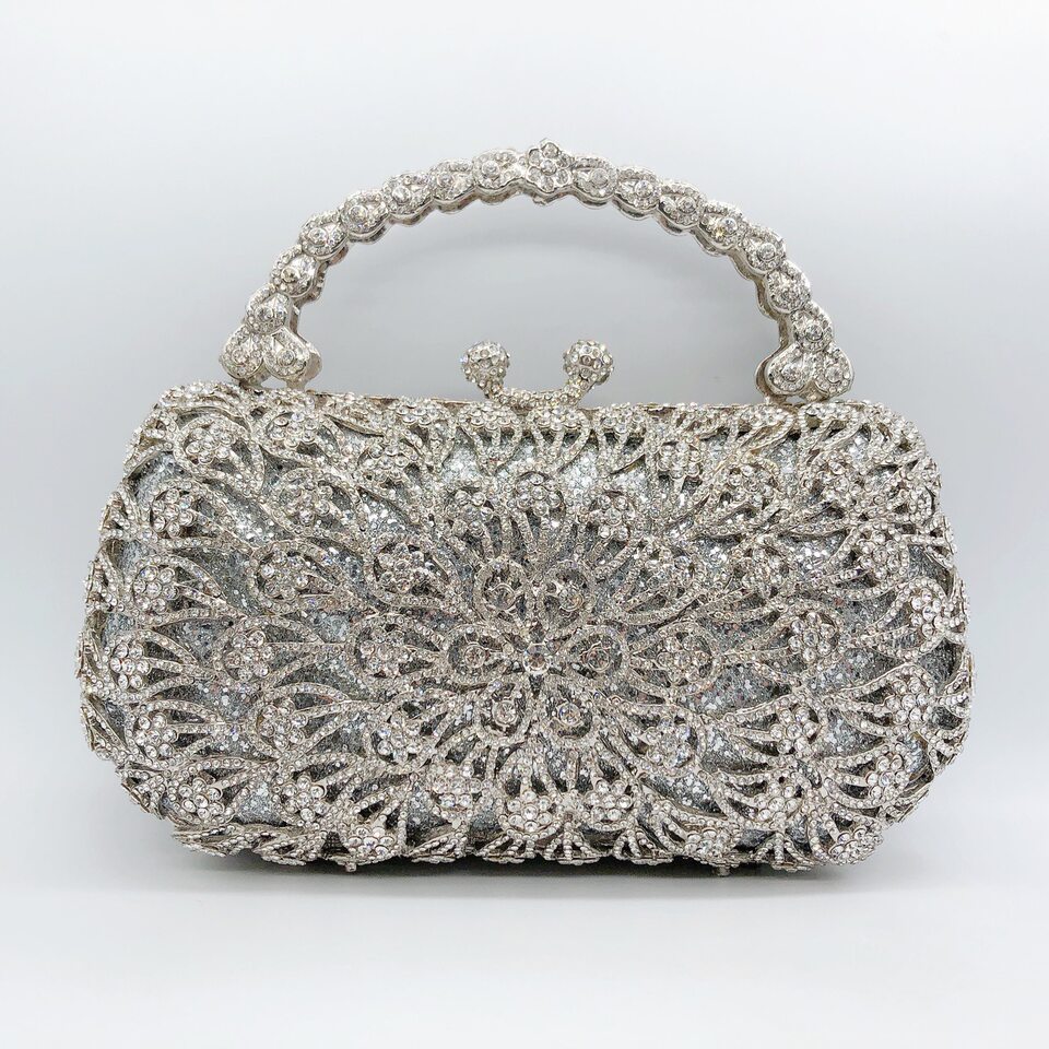 Túi clutch nữ đính kim cương hoa đuôi phượng xách tay dạ tiệc — Nền vàng kim cương trắng, Màu bạc, Cá tính đặt làm